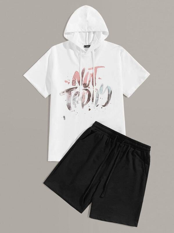 

Men Letter Print Hoodie and Slant Pocket Shorts Set, Black and white