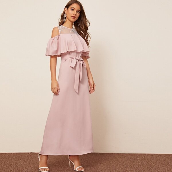

Embroidered Mesh Yoke Flounce Foldover Self Belted Dress
