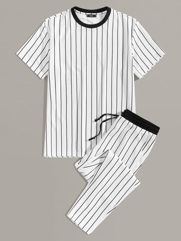 

Men Striped Top and Drawstring Waist Pants Set, White