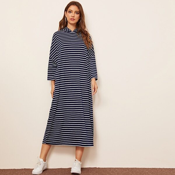 

Drop Shoulder Striped Hooded Dress, Navy