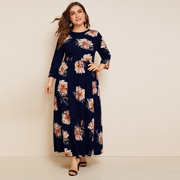 

Plus Floral Print Fit & Flare Dress, Navy