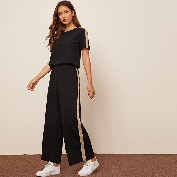 

Contrast Sequin Side Top and Palazzo Pants Set, Black