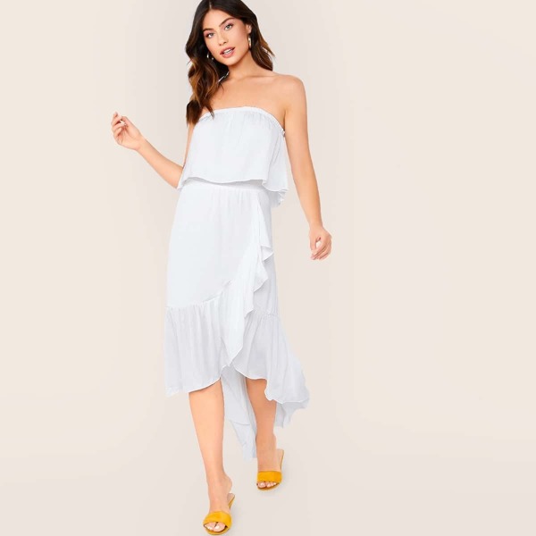 

Strapless Flounce Detail High Low Hem Dress, White