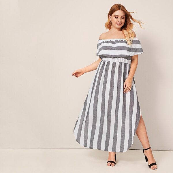 

Plus Off-shoulder Block Stripe Dress