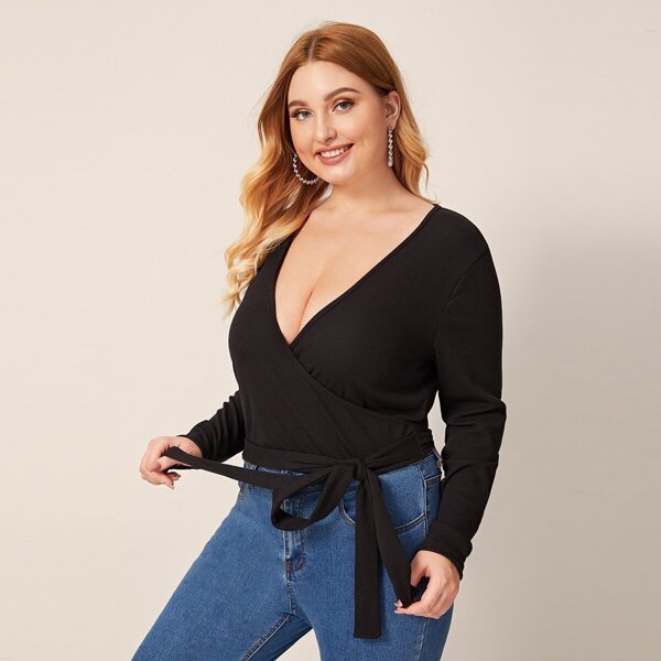 

Plus Surplice Wrap Tie Side Deep V Top, Black