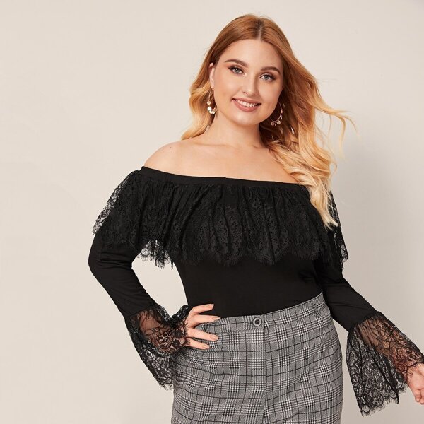 

Plus Bell Sleeve Off-shoulder Lace Contrast Top, Black