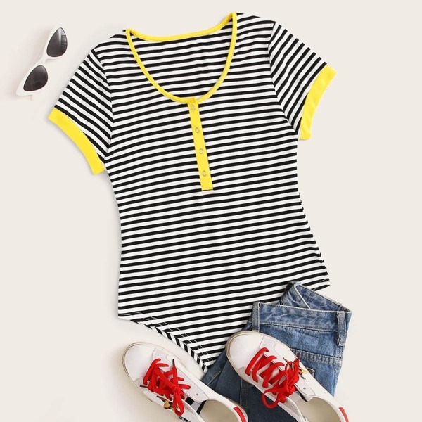 

Striped Contrast Trim Bodysuit, Black and white