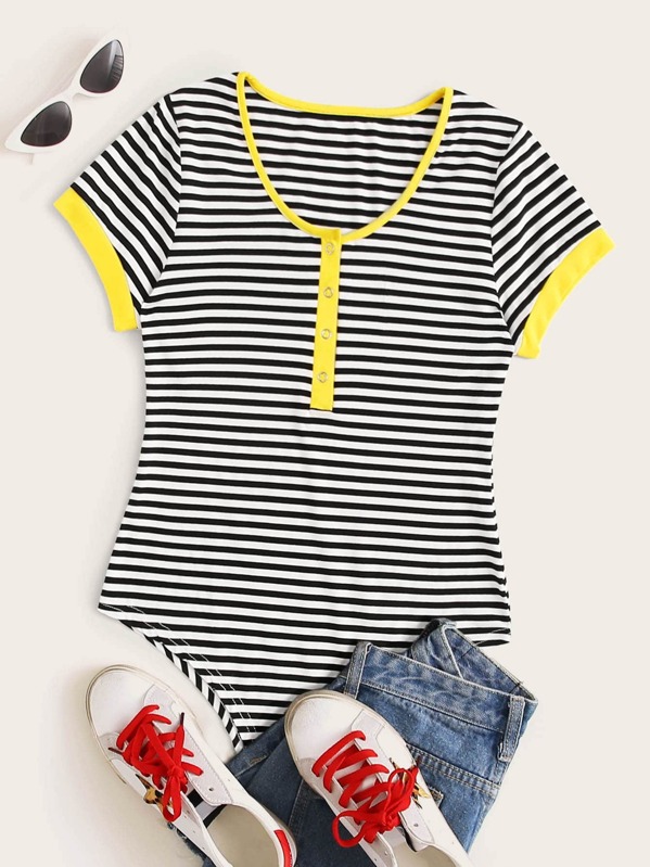 

Striped Contrast Trim Bodysuit, Black and white