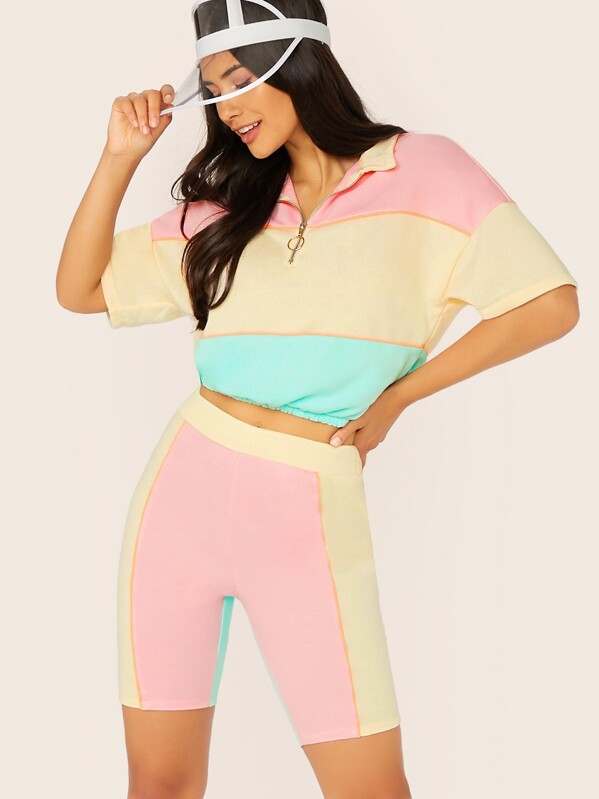 

O-ring Zip Front Colorblock Sweatshirt and Cycling Shorts Set, Multicolor, Izzy Marshall