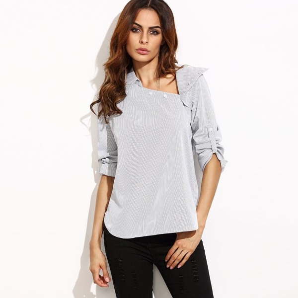 

Buttoned Asymmetric Neck Roll Up Sleeve Striped Top, Black and white