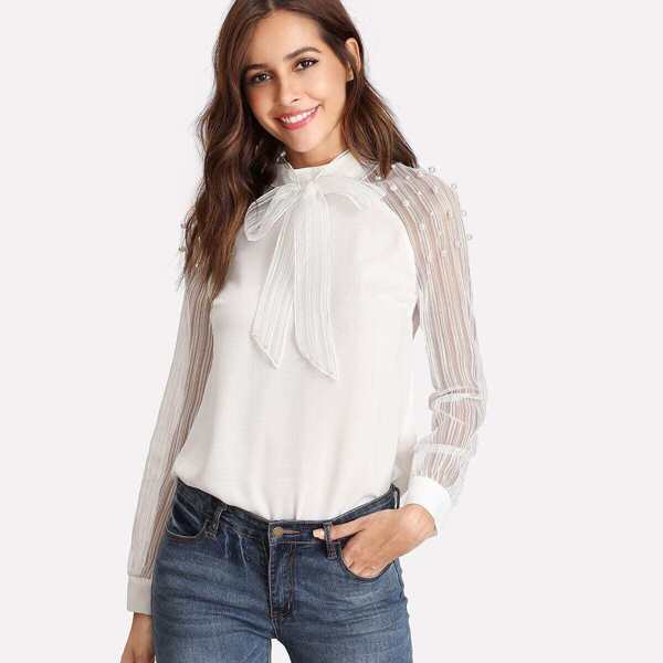 

Tie Neck Pearl Beading Mesh Sleeve Top, White