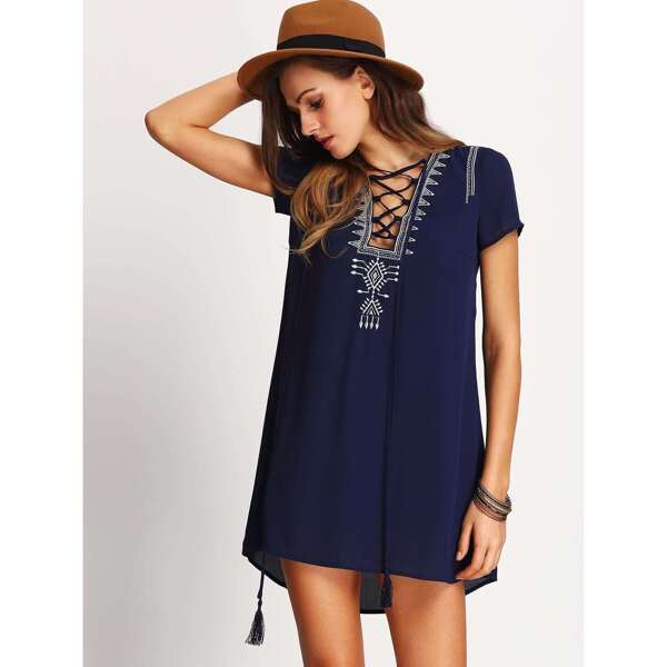 

Lace Up Embroidered Yoke Tunic Dress