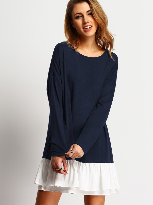 

Contrast Ruffle Hem Tee Dress, Navy, Charlotte