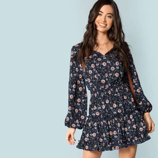 

Tie Neck Shirred Waist Floral Ruffle Dress, Navy