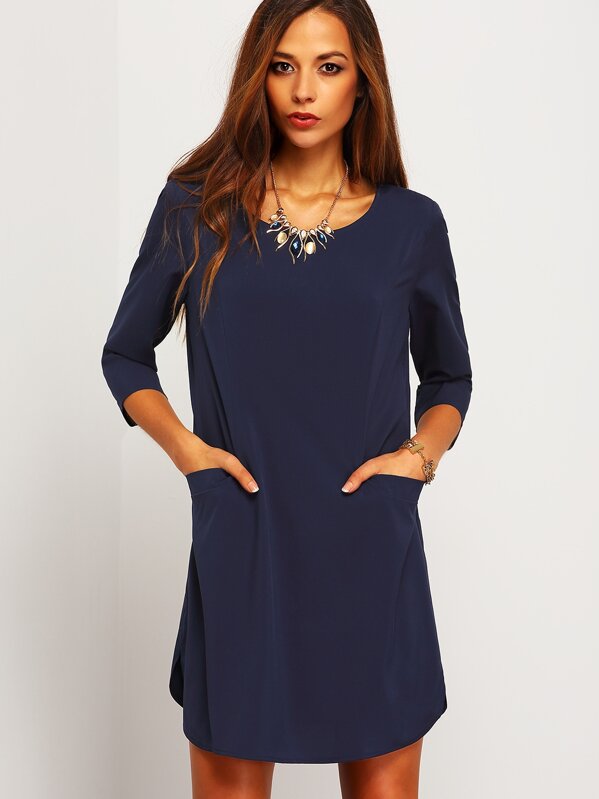 

3/4 Sleeve Pocket Front Tunic Dress, Navy, Anna H