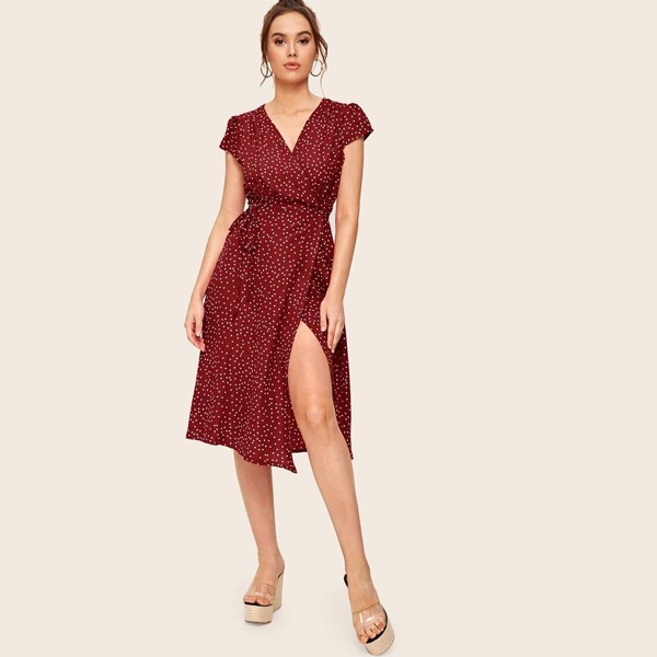 

Polka Dot Self Tie Wrap Dress, Burgundy
