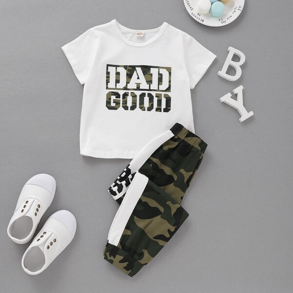 

Toddler Girls Letter Graphic Tee With Contrast Side Camo Sweatpants, Multicolor