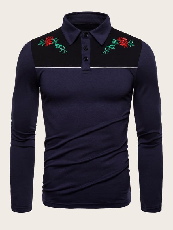 

Men Contrast Panel Floral Embroidery Polo Shirt, Navy