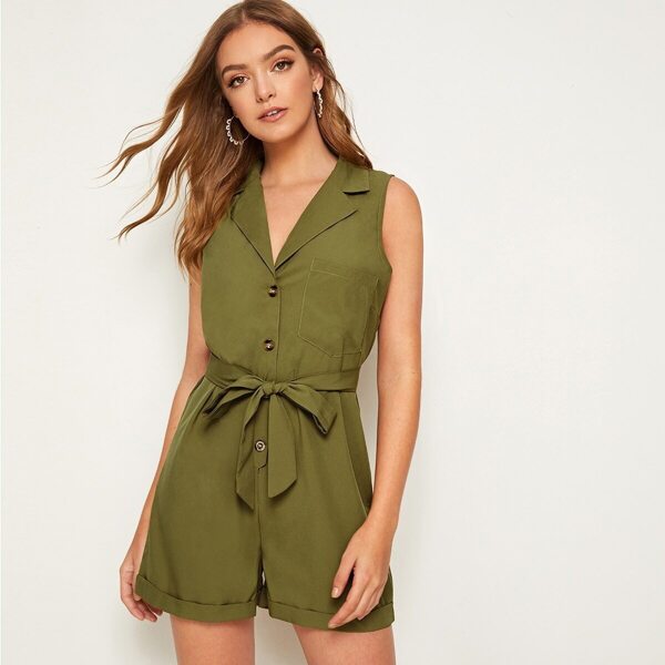 

Self Tie Roll Up Hem Shirt Romper, Army green