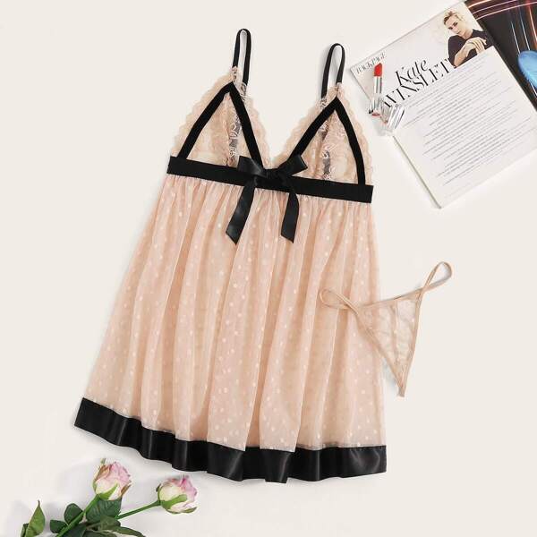 

Plus Polka Dot Contrast Binding Slips With Panty