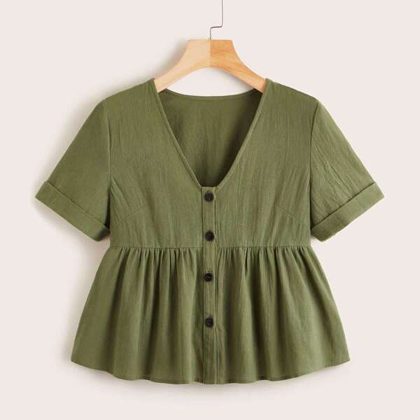 

Plus Button Front Ruffle Hem Smock Blouse