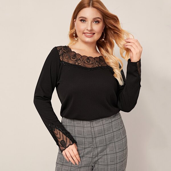 

Plus Lace Panel Rib-knit Tee, Black