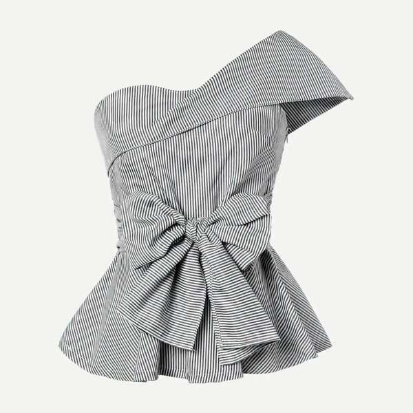 

Plus One Shoulder Bow Front Stripe Top, Black and white