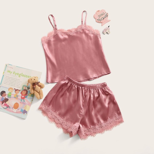 

Girls Eyelash Lace Satin Cami PJ Set