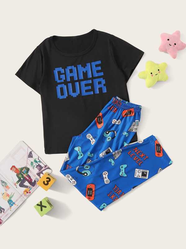 

Boys Cartoon & Letter Print Pajama Set, Multicolor