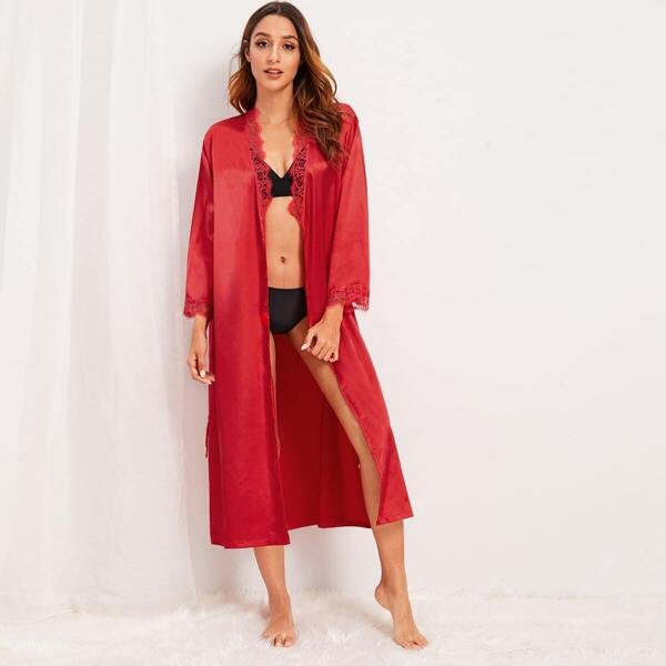 

Eyelash Lace Satin Belted Robe
