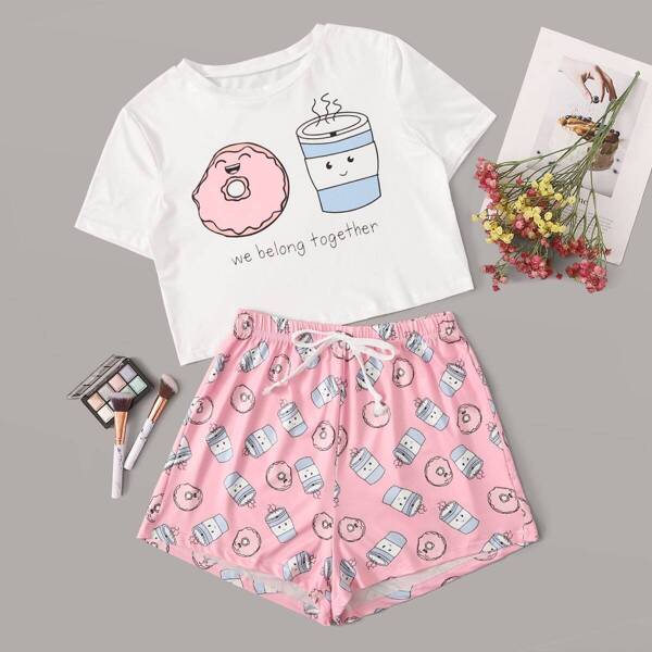 

Cartoon & Letter Print Pajama Set