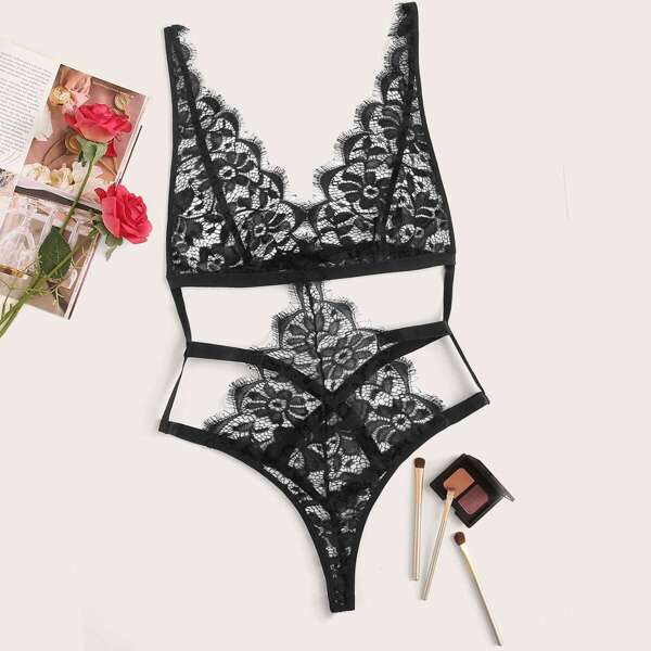 

Floral Lace Cut-out Teddy Bodysuit, Black