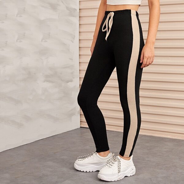 

Contrast Panel Drawstring Waist Sweater Pants, Black
