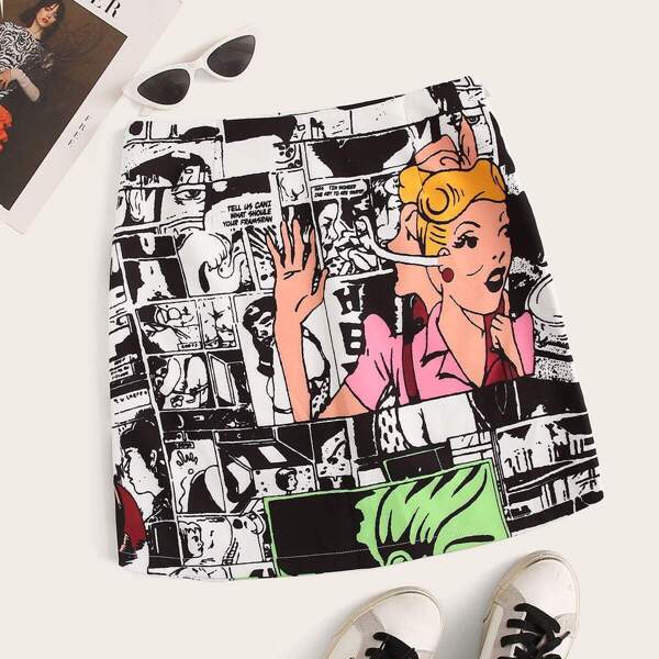 

Comic Print Zip Side Pencil Skirt, Multicolor