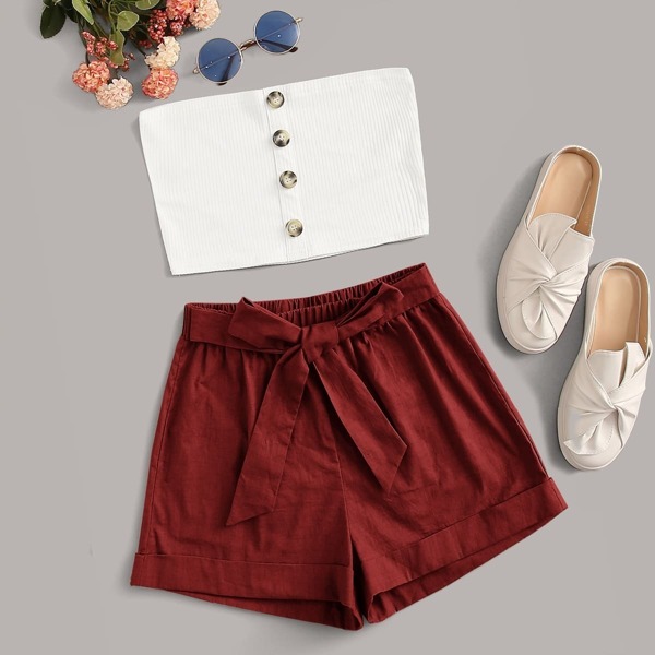 

Button Front Tube Top & Tie Front Shorts, Multicolor