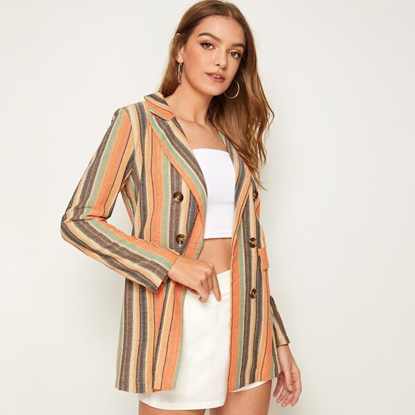 

Multi-Stripe Double Breasted Notched Neck Blazer, Multicolor