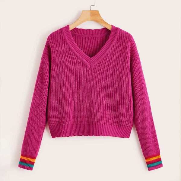 

Contrast Stripe Cuff V-neck Drop Shoulder Jumper, Pink