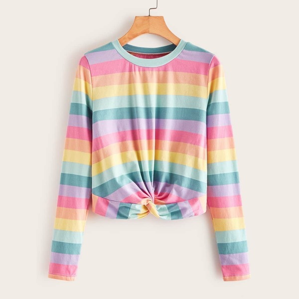 

Rainbow Stripe Twist Hem Tee