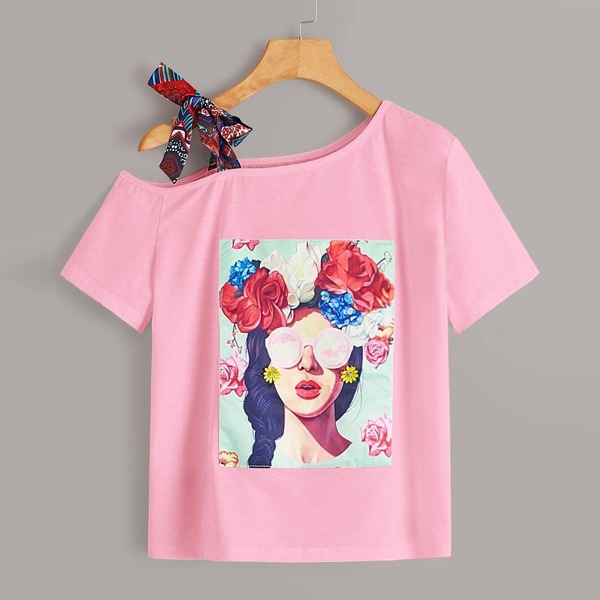 

Figure & Floral Graphic Asymmetrical Neck Knot Tee, Pink