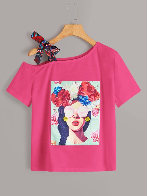 

Figure & Floral Graphic Asymmetrical Neck Knot Tee, Pink