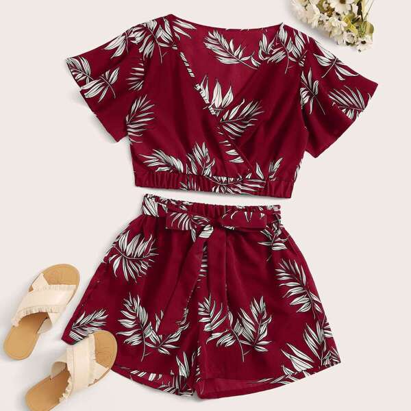 

Surplice Tropical Print Top With Shorts