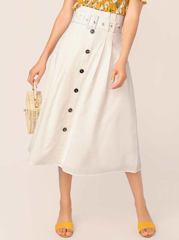 

High Waist Grommet Buckle Belt Button Fly Skirt, White, Tashi Rodriguez