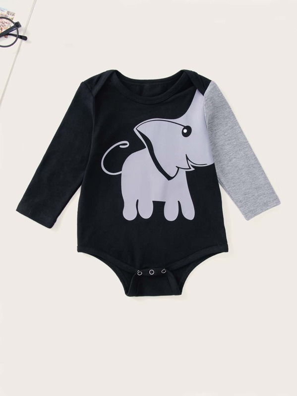 

Baby Boy Contrast Sleeve Elephant Graphic Romper, Multicolor