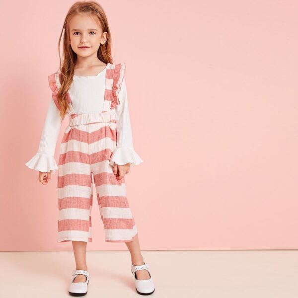 

Toddler Girls Striped Ruffle Trim Wide Leg Jumpsuit