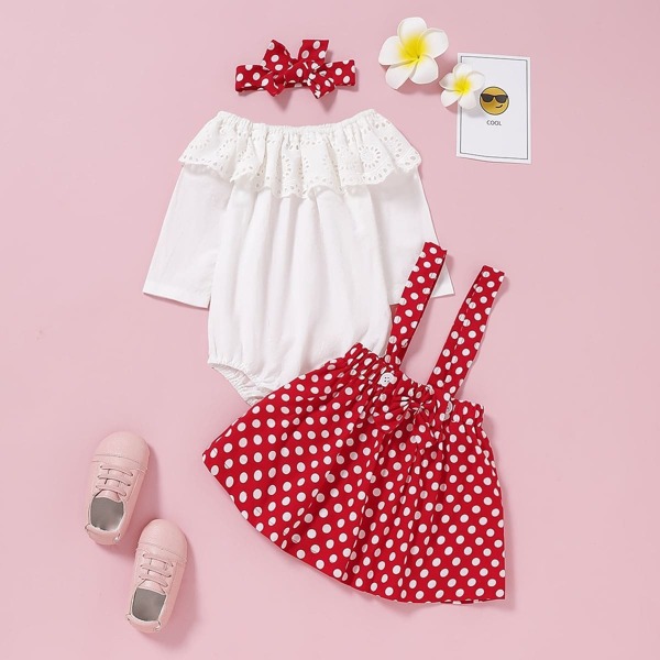 

Baby Girl Eyelet Embroidery Romper & Polka Dot Skirt & Headband