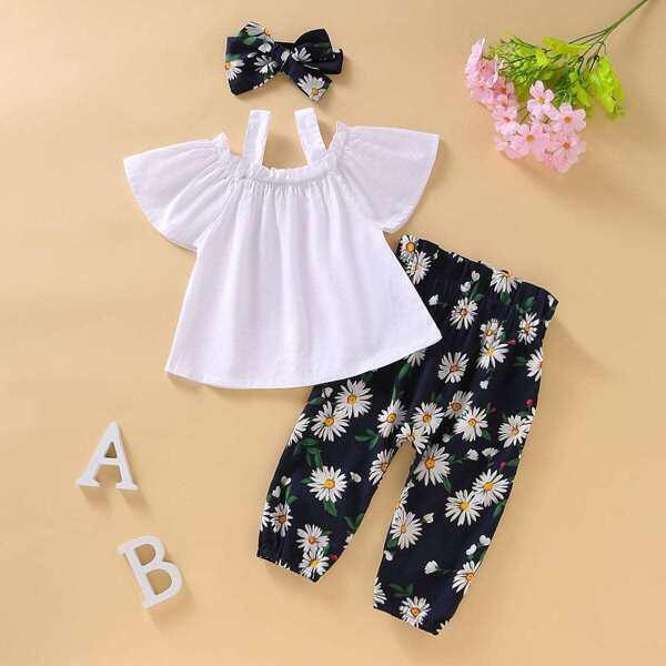 

Baby Girl Open Shoulder Top & Daisy Floral Pants & Headband, Multicolor