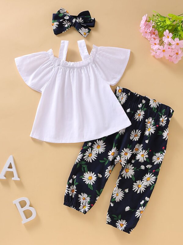 

Baby Girl Open Shoulder Top & Allover Daisy Print Pants & Headband, Multicolor
