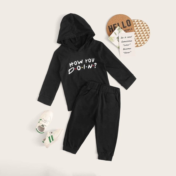 

Toddler Boys Letter Print Hoodie With Sweatpants, Black