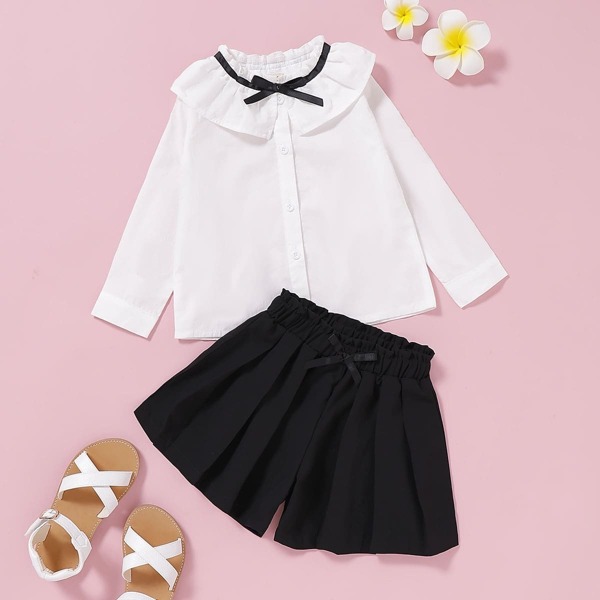 

Toddler Girls Ruffle Trim Blouse With Bow Shorts