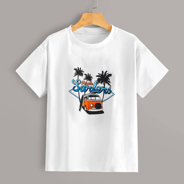

Letter Tropical And Car Print Tee